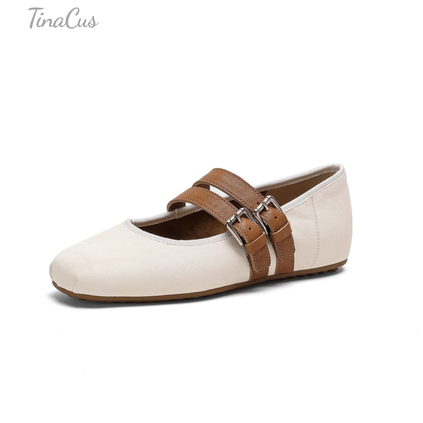 TinaCus Women's Mary Jane Handmade Genuine Leather Double Buckles Square Toe Ballet Flat Shoes