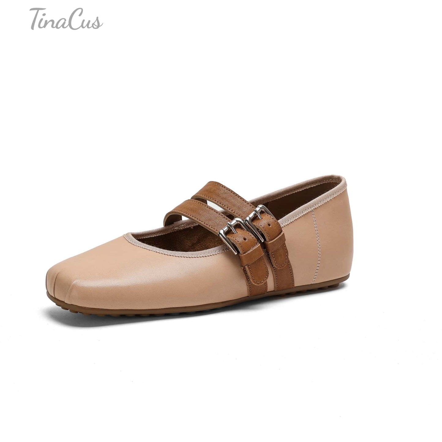 TinaCus Women's Mary Jane Handmade Genuine Leather Double Buckles Square Toe Ballet Flat Shoes