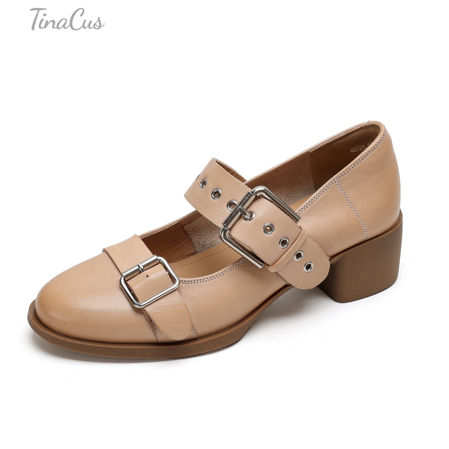 TinaCus Round Toe Genuine Leather Handmade Strap Buckle Low Chunky Heels Women's Mary Jane Shoes
