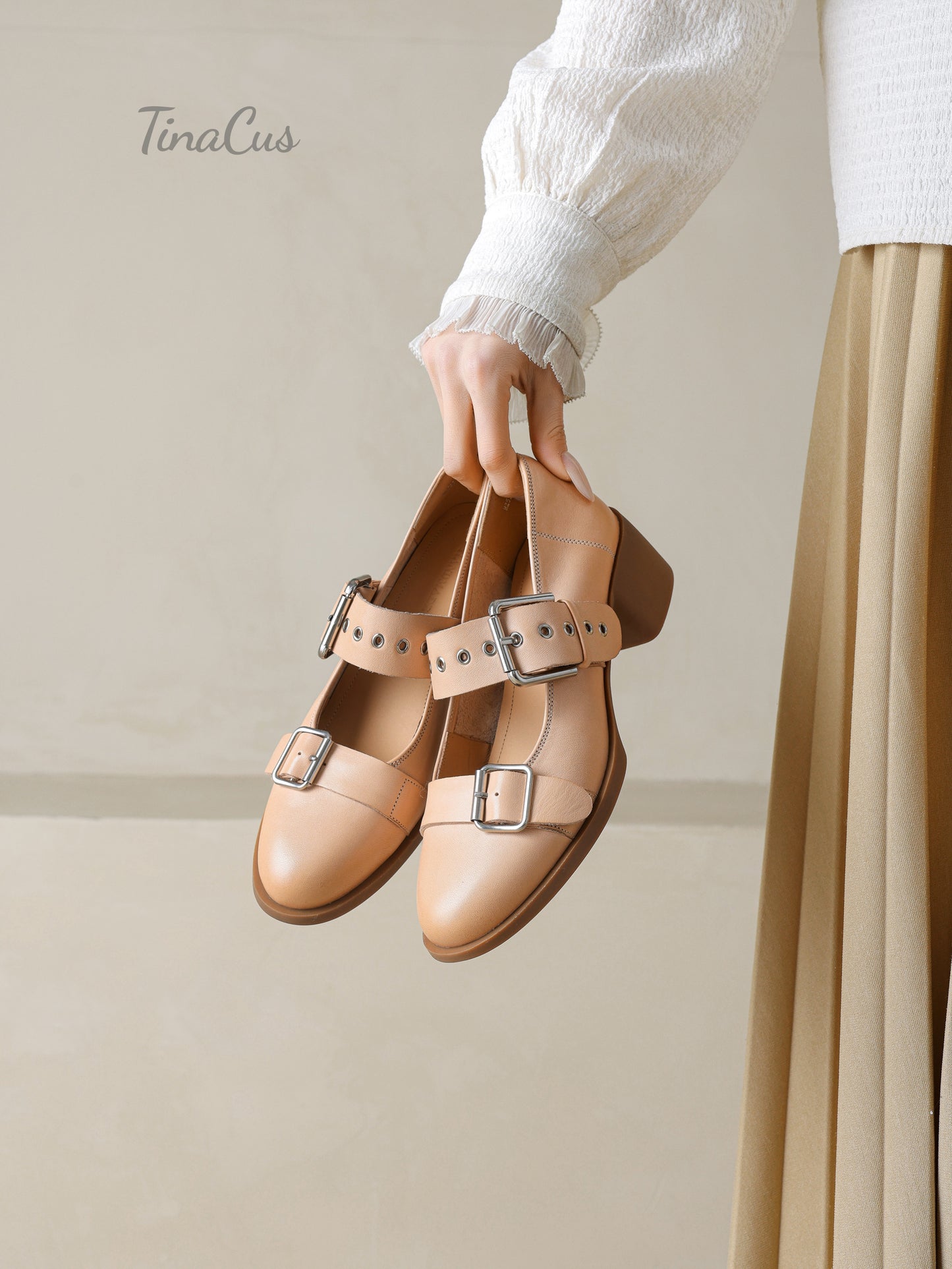 TinaCus Round Toe Genuine Leather Handmade Strap Buckle Low Chunky Heels Women's Mary Jane Shoes