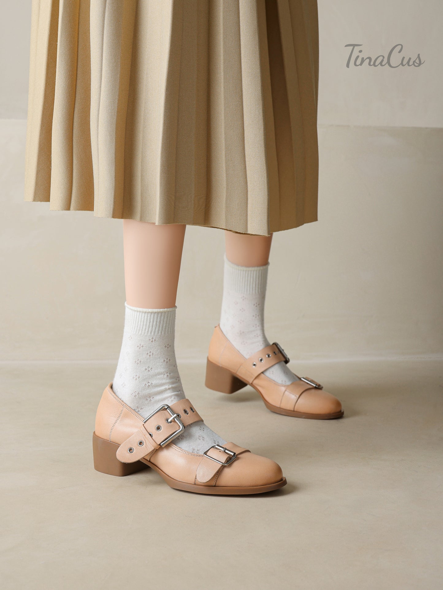 TinaCus Round Toe Genuine Leather Handmade Strap Buckle Low Chunky Heels Women's Mary Jane Shoes