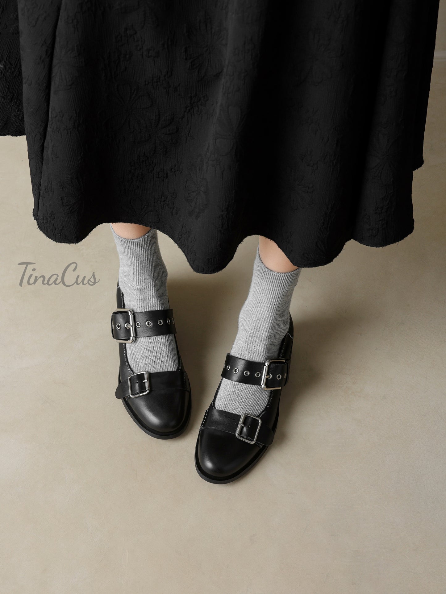 TinaCus Round Toe Genuine Leather Handmade Strap Buckle Low Chunky Heels Women's Mary Jane Shoes
