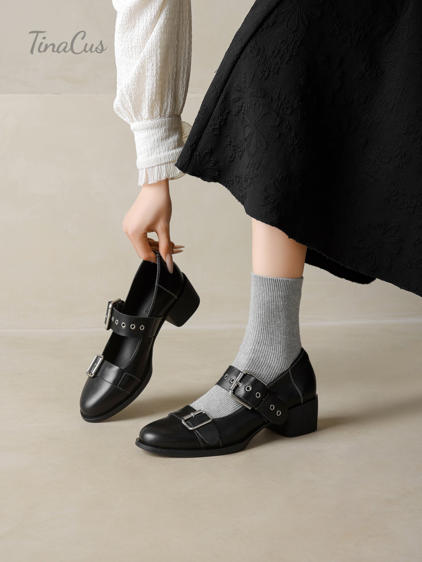 TinaCus Round Toe Genuine Leather Handmade Strap Buckle Low Chunky Heels Women's Mary Jane Shoes