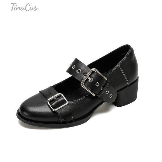 TinaCus Round Toe Genuine Leather Handmade Strap Buckle Low Chunky Heels Women's Mary Jane Shoes