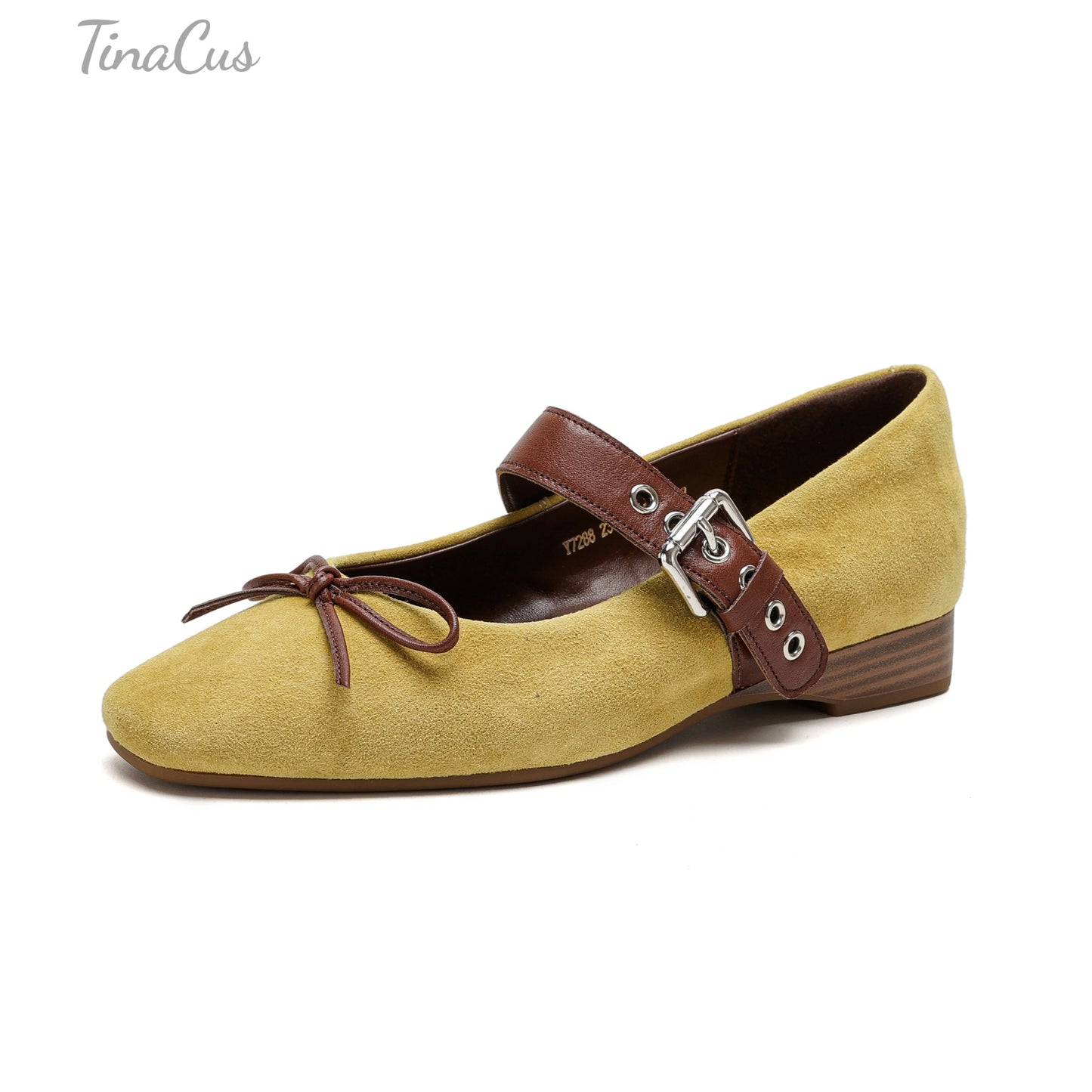 TinaCus Suede Leather Women's Square Toe Handmade Bowknot Comfortable Flat Shoes with Strap Buckle