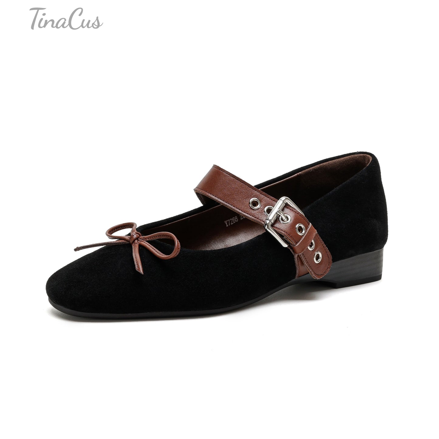TinaCus Suede Leather Women's Square Toe Handmade Bowknot Comfortable Flat Shoes with Strap Buckle
