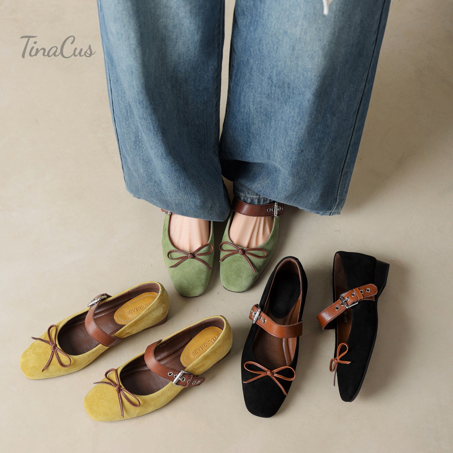 TinaCus Suede Leather Women's Square Toe Handmade Bowknot Comfortable Flat Shoes with Strap Buckle