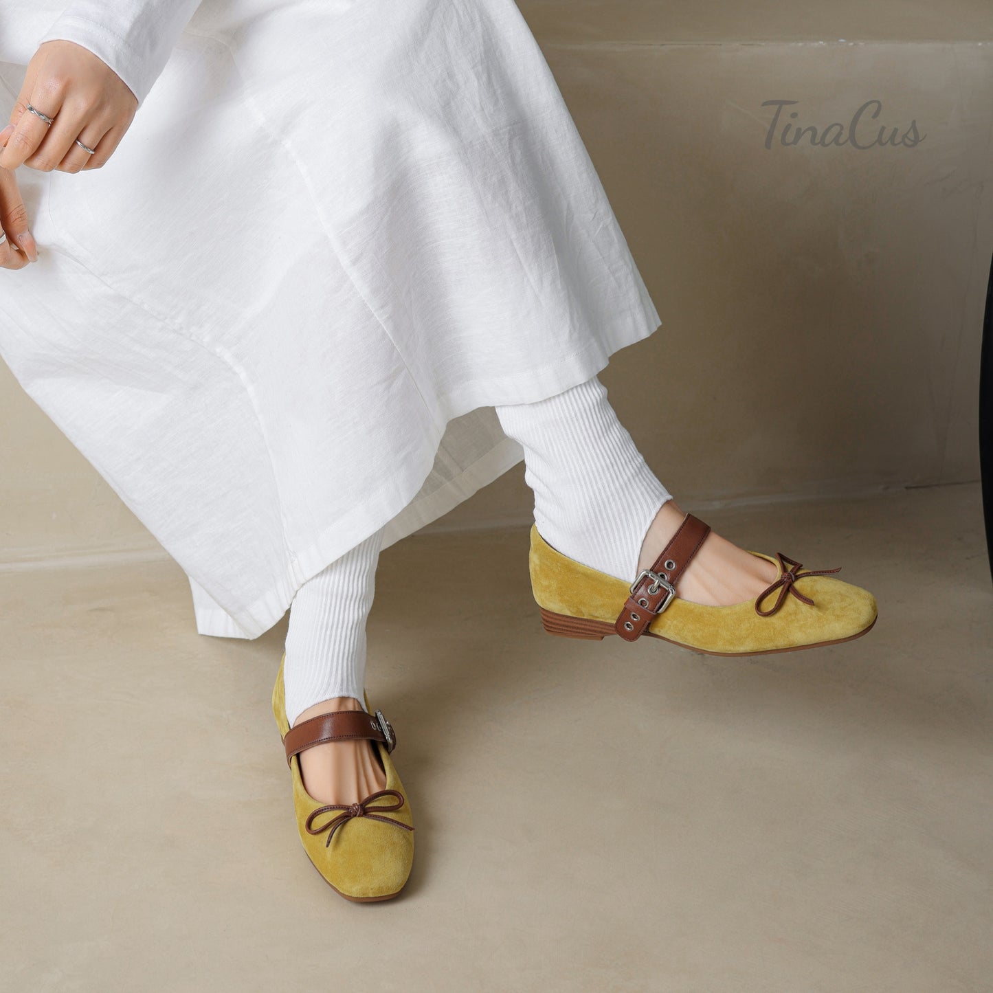 TinaCus Suede Leather Women's Square Toe Handmade Bowknot Comfortable Flat Shoes with Strap Buckle