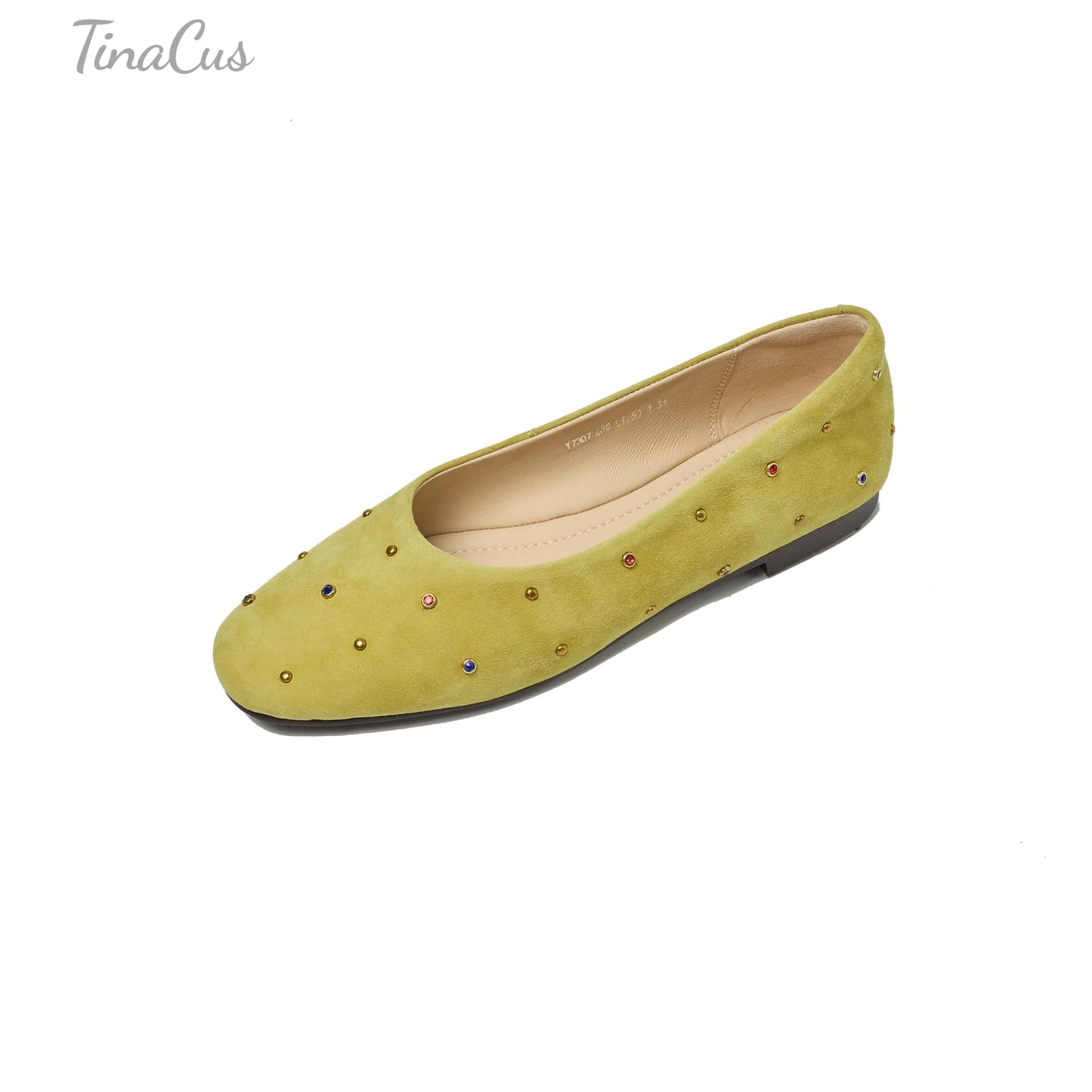 TinaCus Women's Suede Leather Ballet Flats Handmade Round Toe Studded Daily Dress Shoes