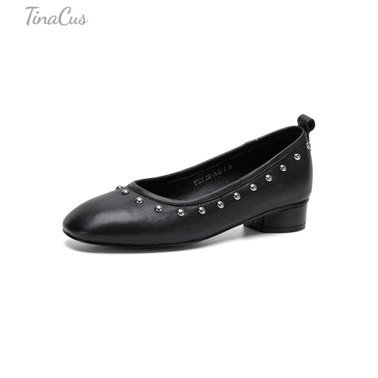 TinaCus Women's Studded Round Toe Low Block Heel Loafers Shoes