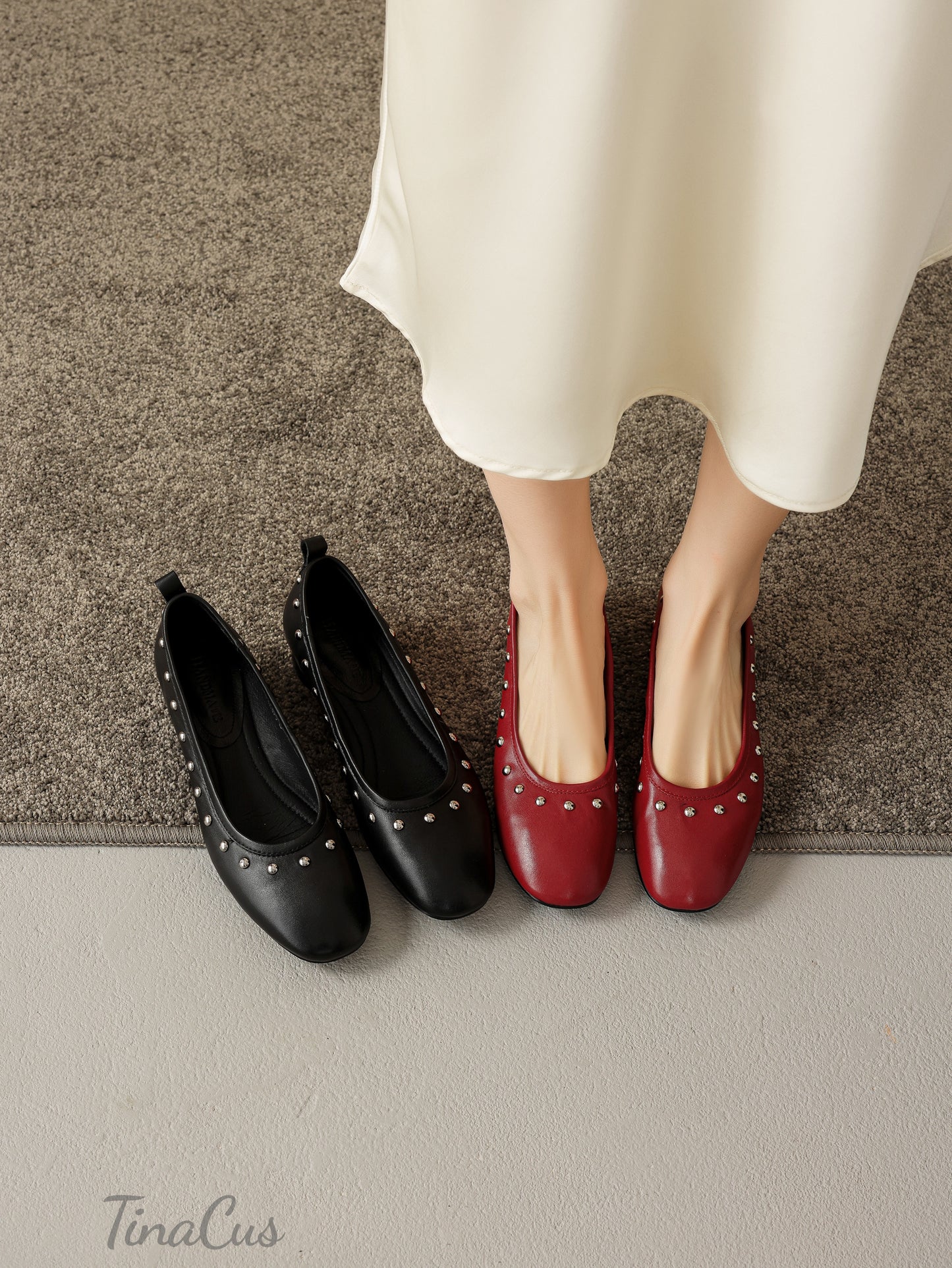 TinaCus Women's Studded Round Toe Low Block Heel Loafers Shoes
