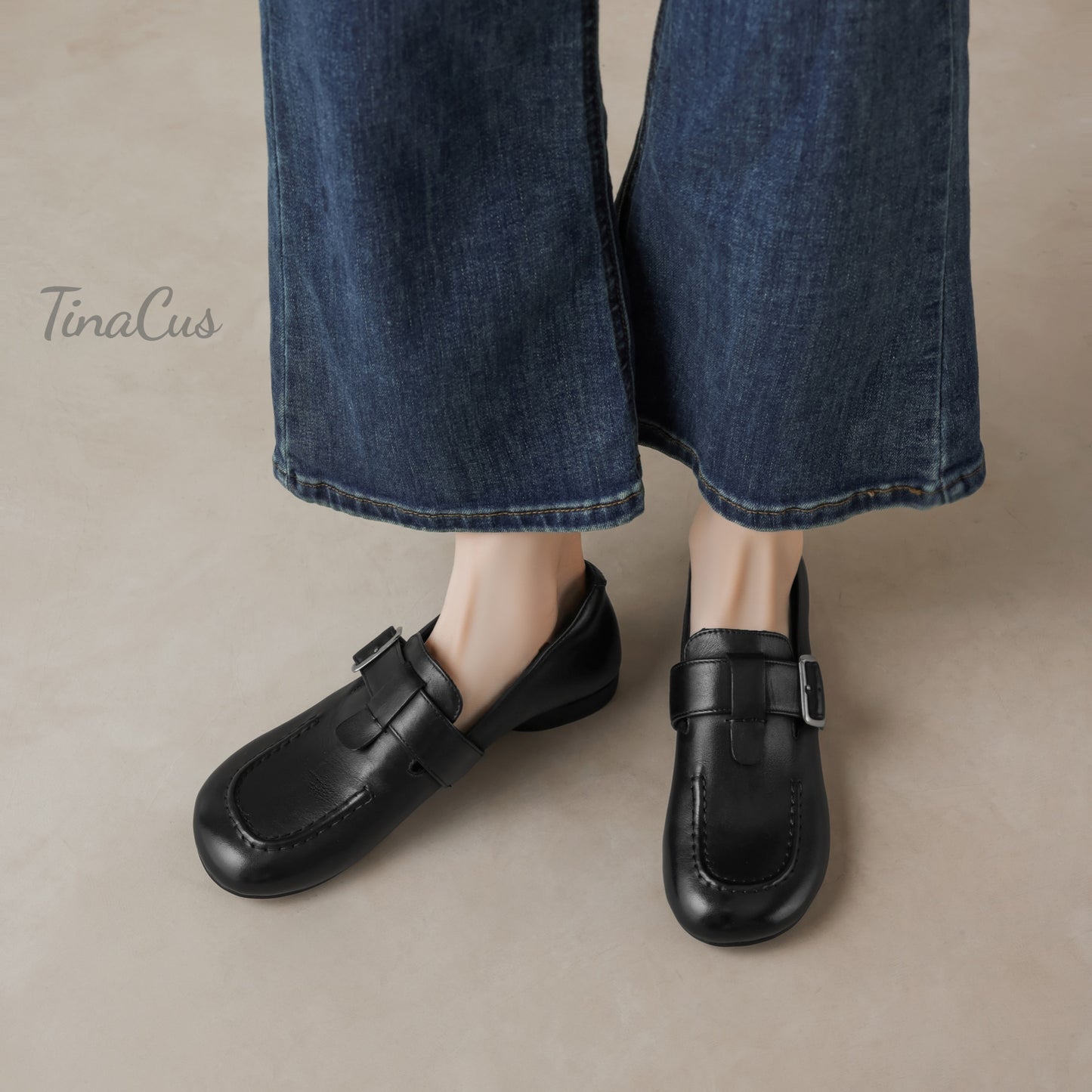 TinaCus Genuine Leather Comfortable Flats Women's Round Toe Handmade Buckle Casual Shoes