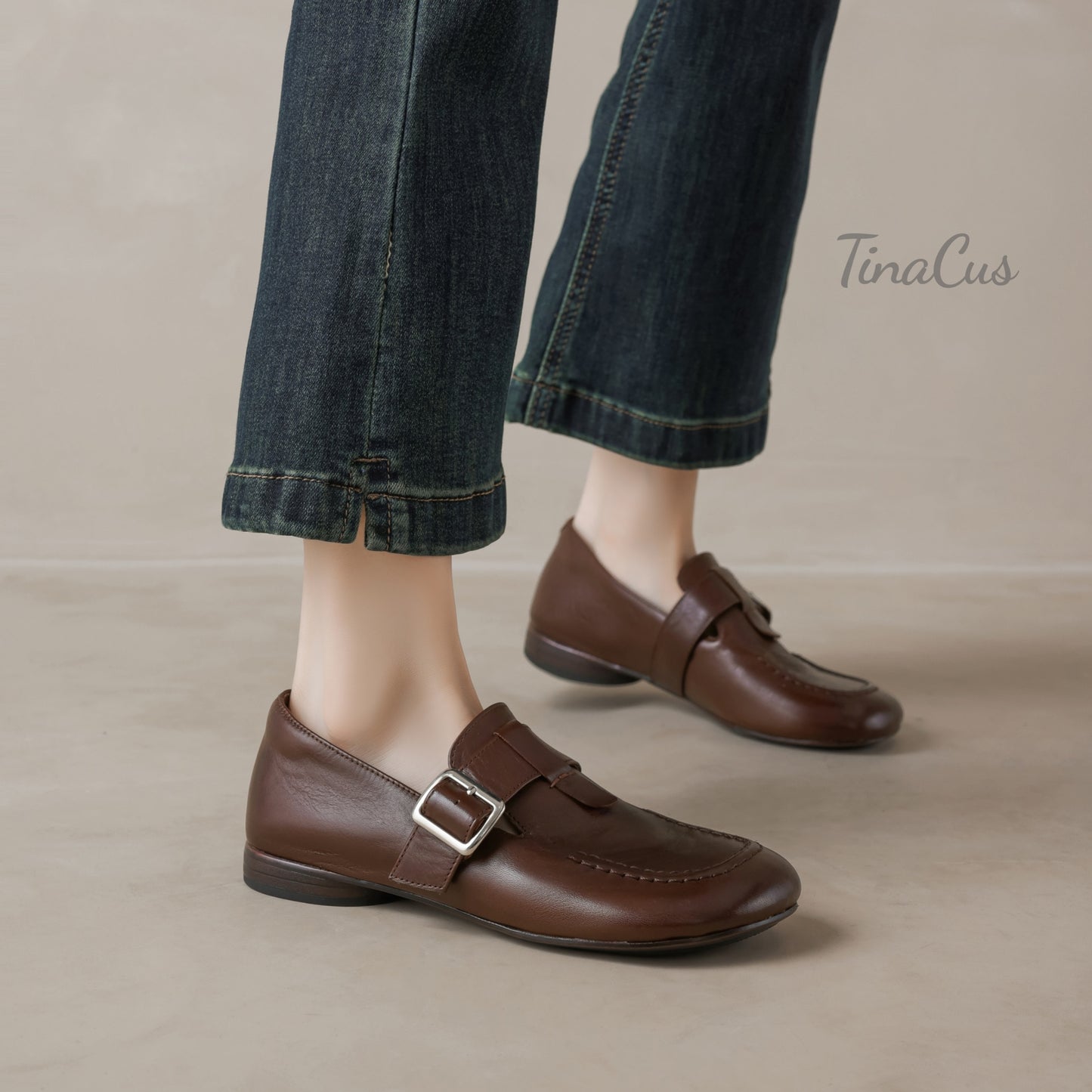 TinaCus Genuine Leather Comfortable Flats Women's Round Toe Handmade Buckle Casual Shoes
