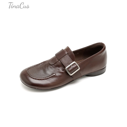 TinaCus Genuine Leather Comfortable Flats Women's Round Toe Handmade Buckle Casual Shoes