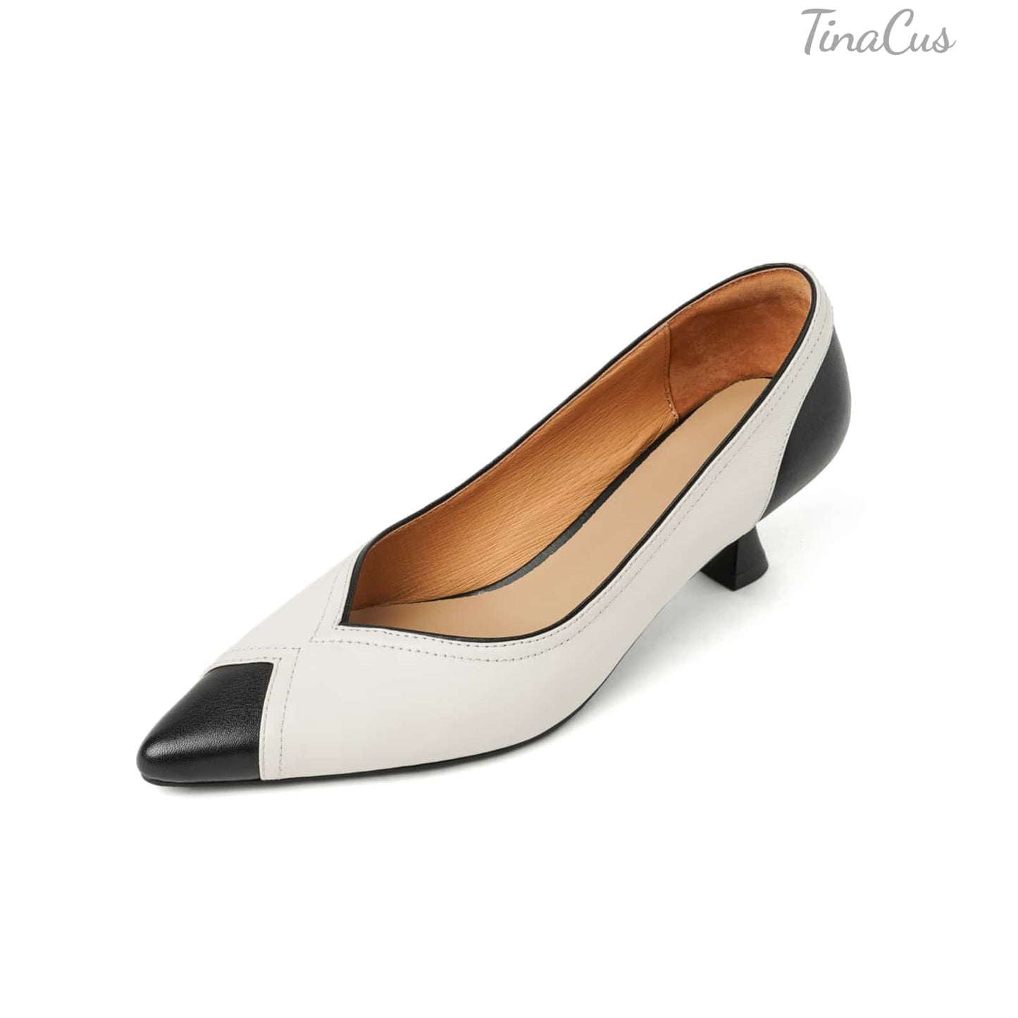 TinaCus Handmade Women's Genuine Leather Patchwork Pointed Toe Kitten Heel Pumps