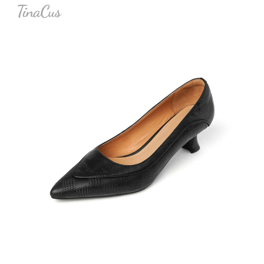 TinaCus Handmade Women's Genuine Leather Slip On Embossed Pointed Toe Kitten Heel Pumps