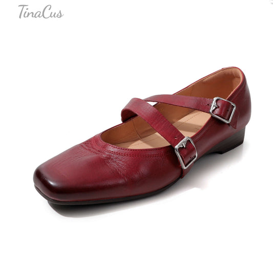 TinaCus Women's Strap Buckle Mary Jane Shoes Handmade Square Toe Genuine Leather Casual Flats