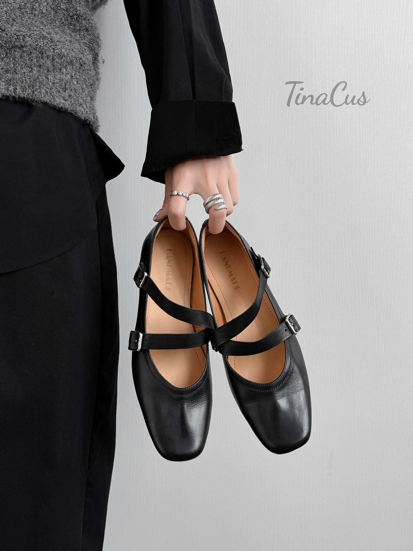 TinaCus Women's Strap Buckle Mary Jane Shoes Handmade Square Toe Genuine Leather Casual Flats