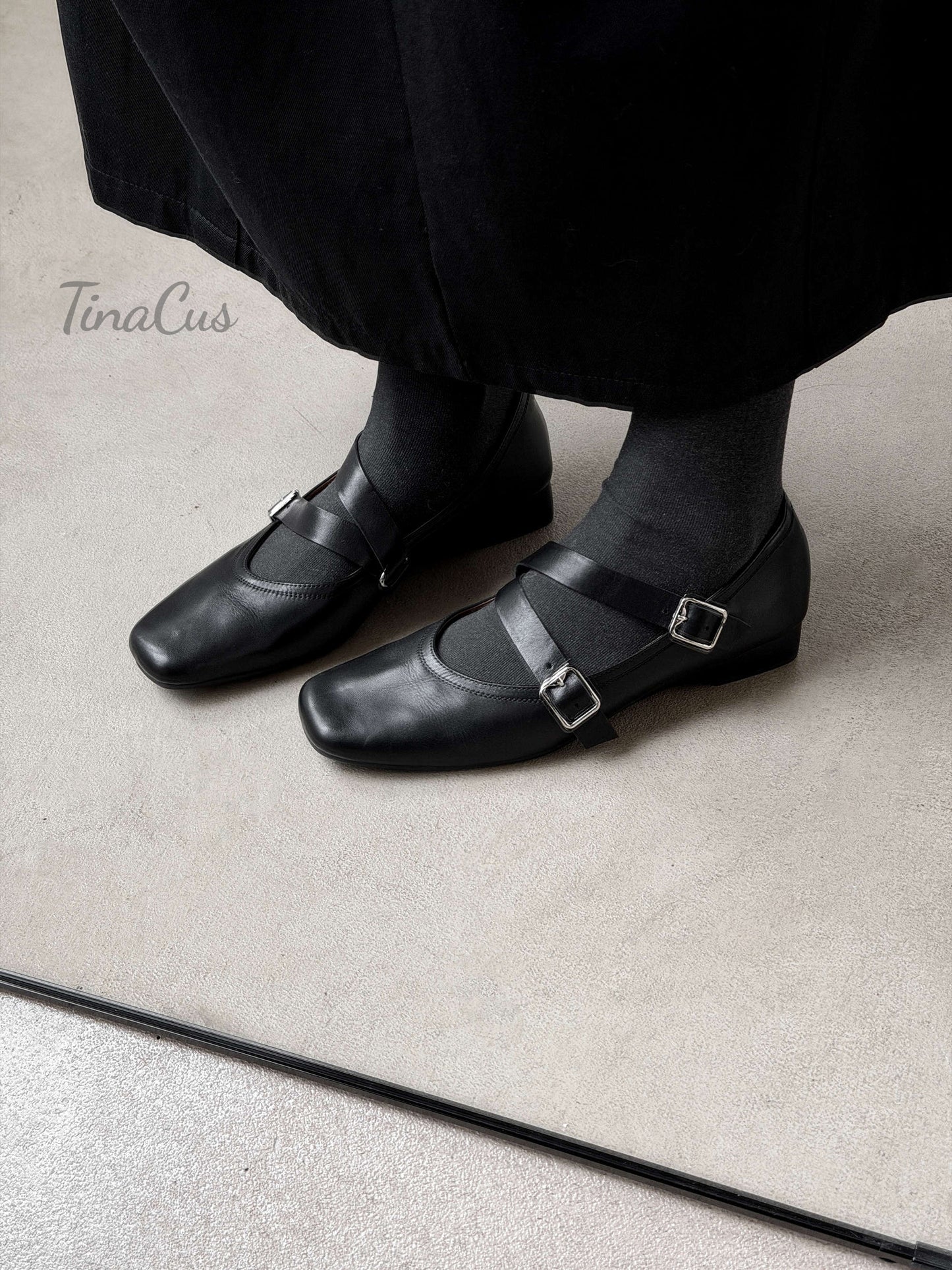 TinaCus Women's Strap Buckle Mary Jane Shoes Handmade Square Toe Genuine Leather Casual Flats