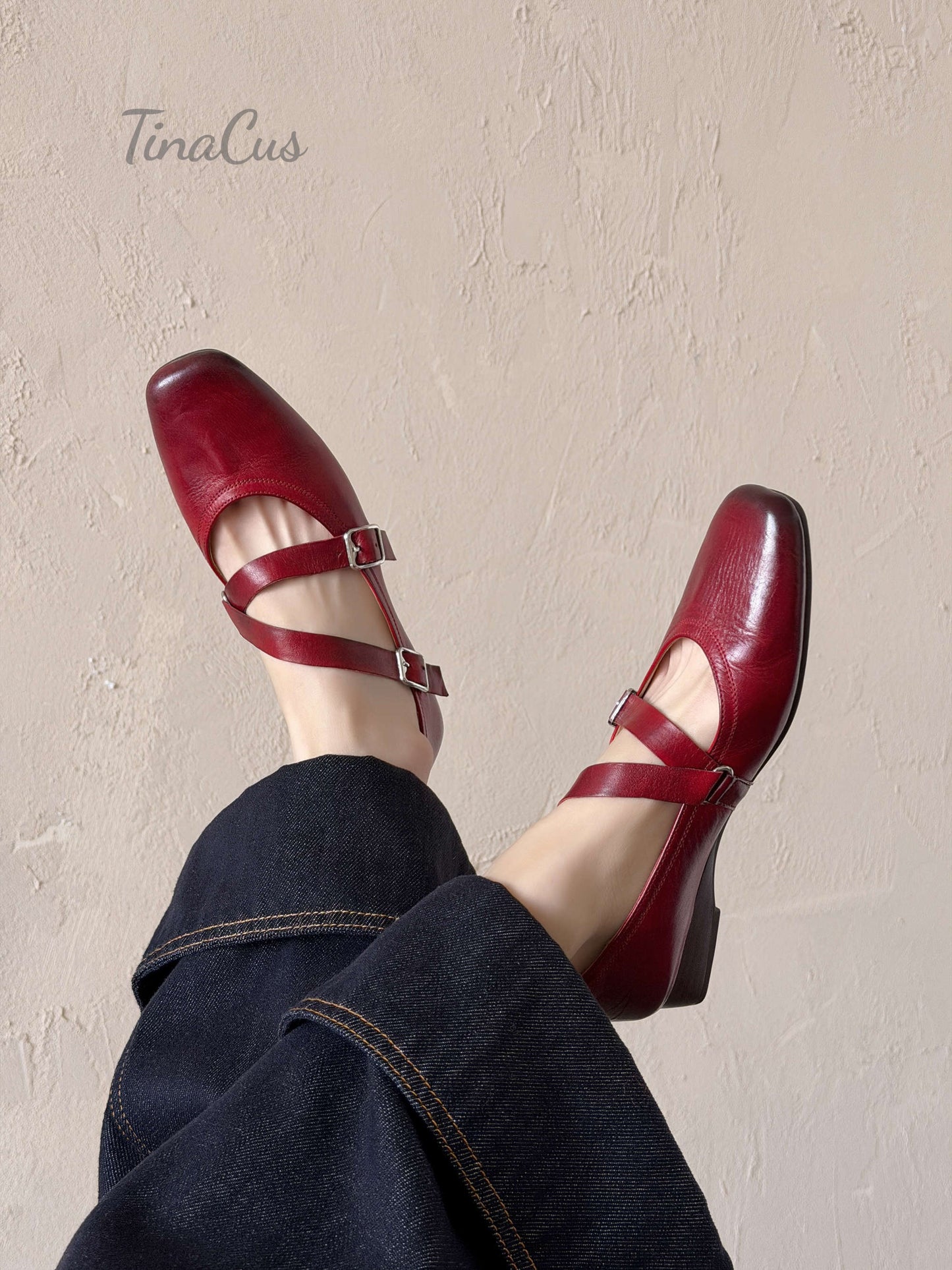 TinaCus Women's Strap Buckle Mary Jane Shoes Handmade Square Toe Genuine Leather Casual Flats