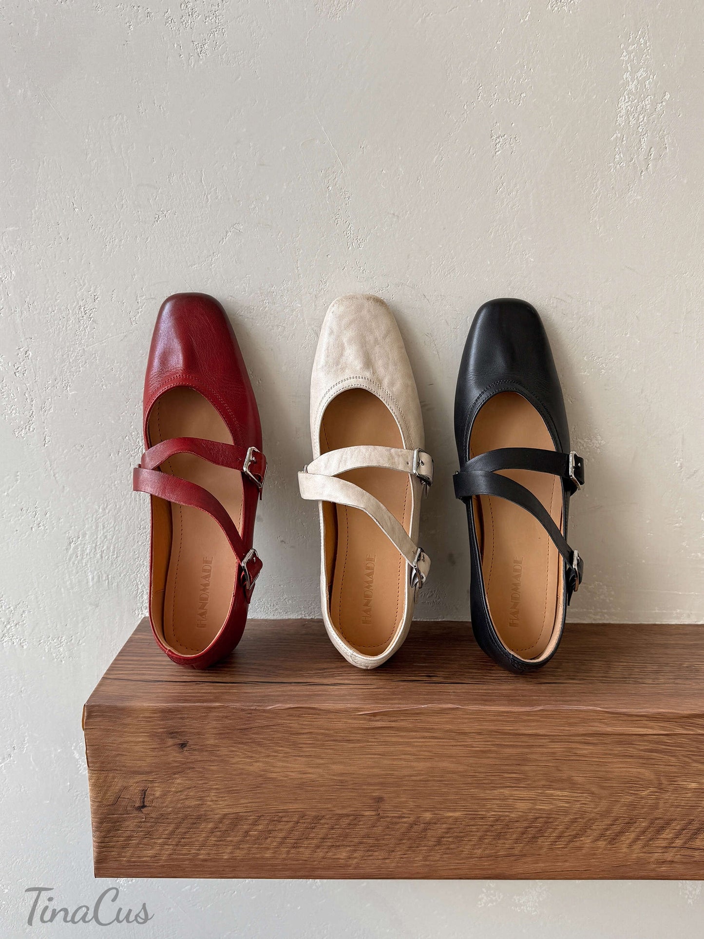 TinaCus Women's Strap Buckle Mary Jane Shoes Handmade Square Toe Genuine Leather Casual Flats