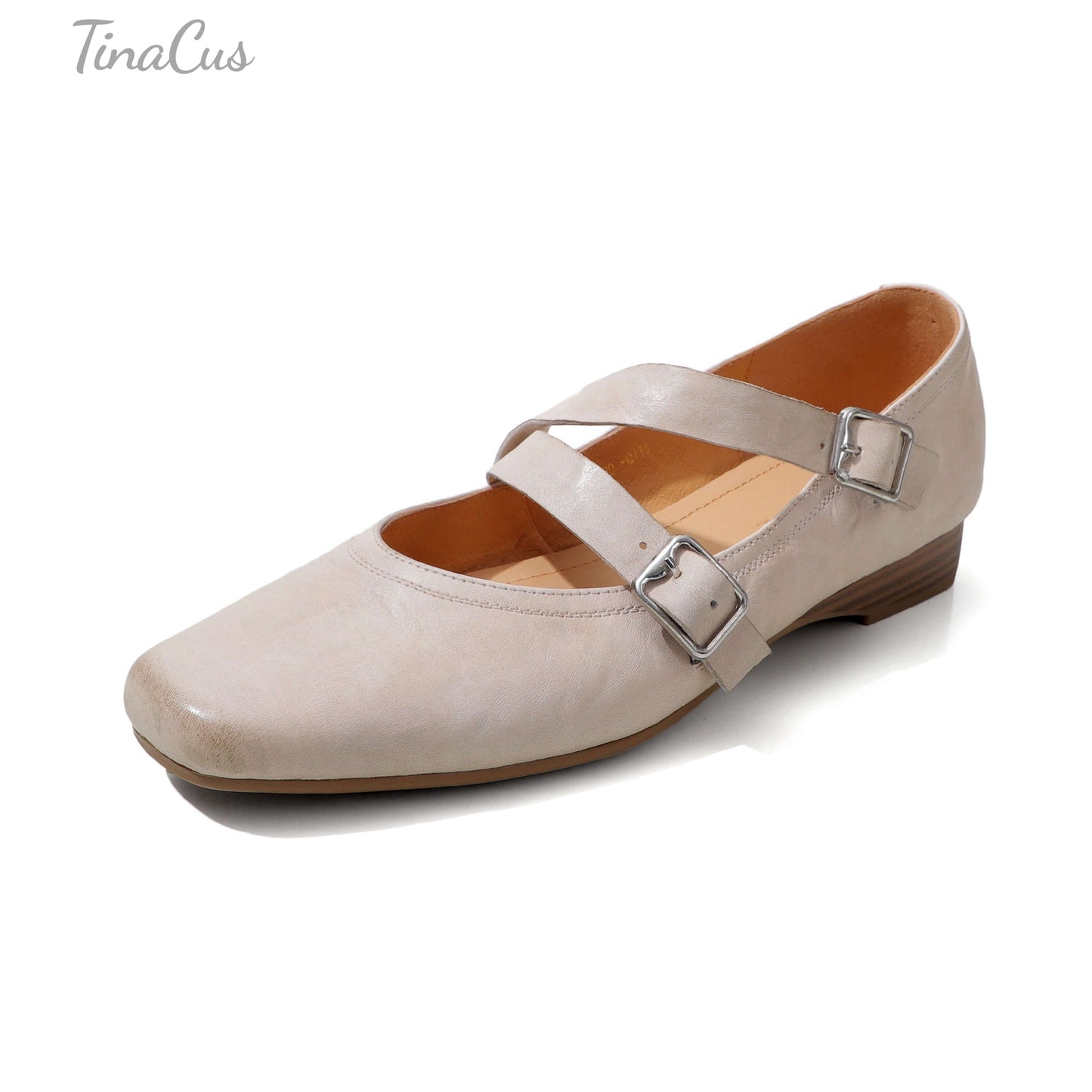 TinaCus Women's Strap Buckle Mary Jane Shoes Handmade Square Toe Genuine Leather Casual Flats