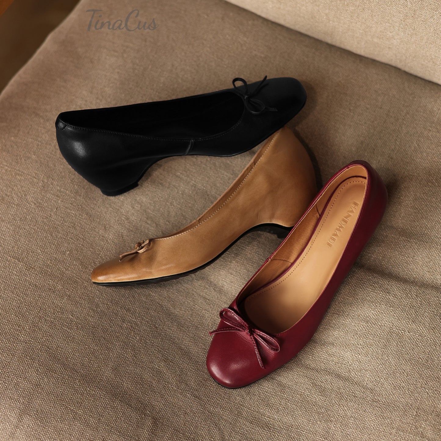 TinaCus Women's Round Toe Genuine Leather Handmade Bowknot Chunky Heels Chic Pumps Shoes
