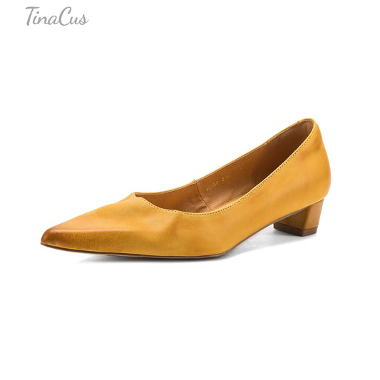 TinaCus Women's Pointed Toe Genuine Leather Handmade Low Heels Slip on Casual Pumps Shoes