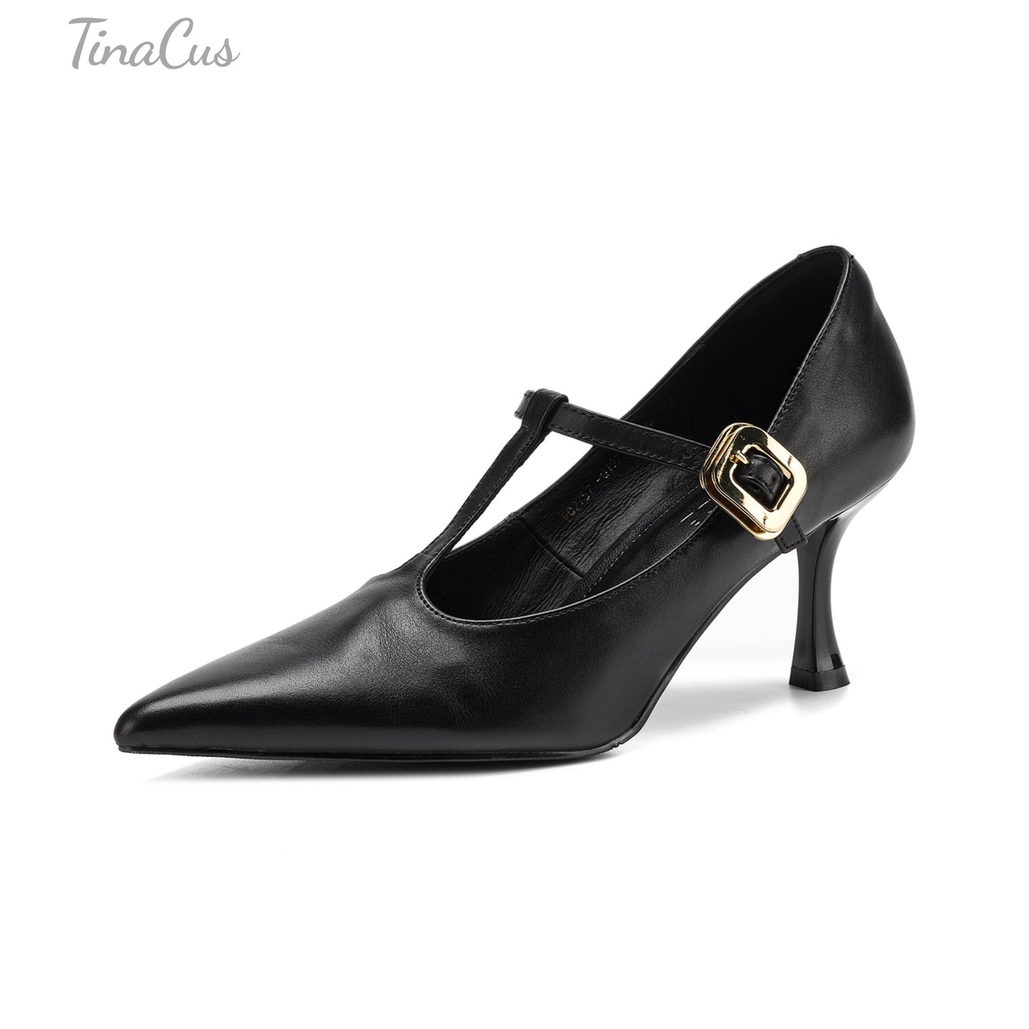 TinaCus Genuine Leather Handmade T-Strap Buckle Women's Pointed Toe Stiletto Heels Pumps Shoes