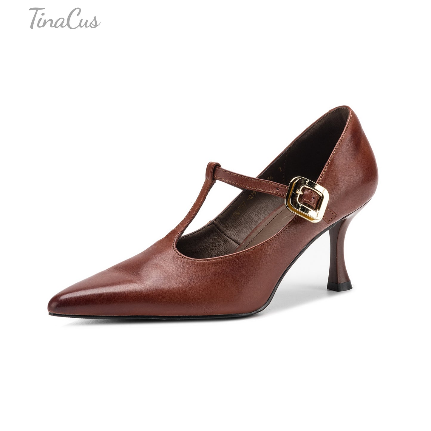 TinaCus Genuine Leather Handmade T-Strap Buckle Women's Pointed Toe Stiletto Heels Pumps Shoes