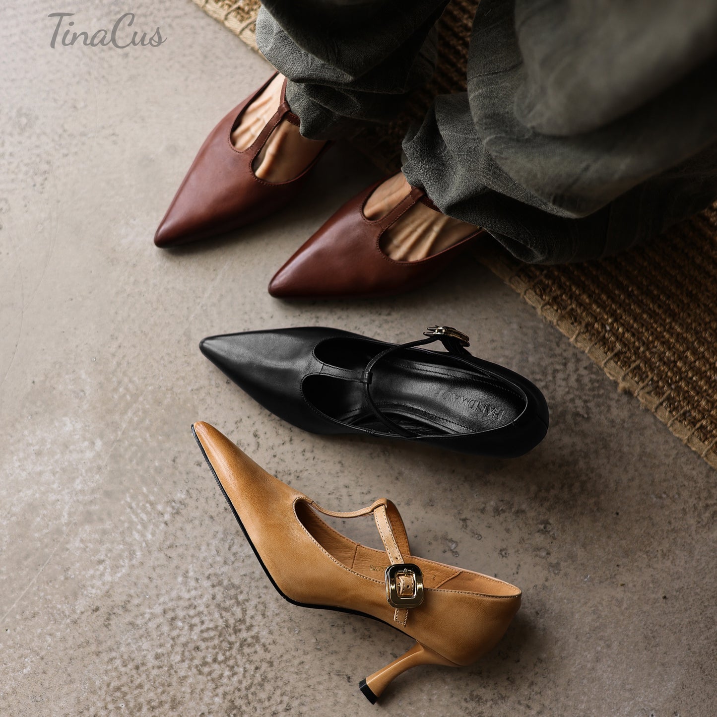 TinaCus Genuine Leather Handmade T-Strap Buckle Women's Pointed Toe Stiletto Heels Pumps Shoes