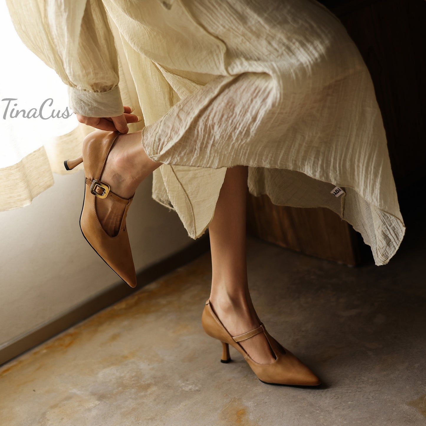 TinaCus Genuine Leather Handmade T-Strap Buckle Women's Pointed Toe Stiletto Heels Pumps Shoes