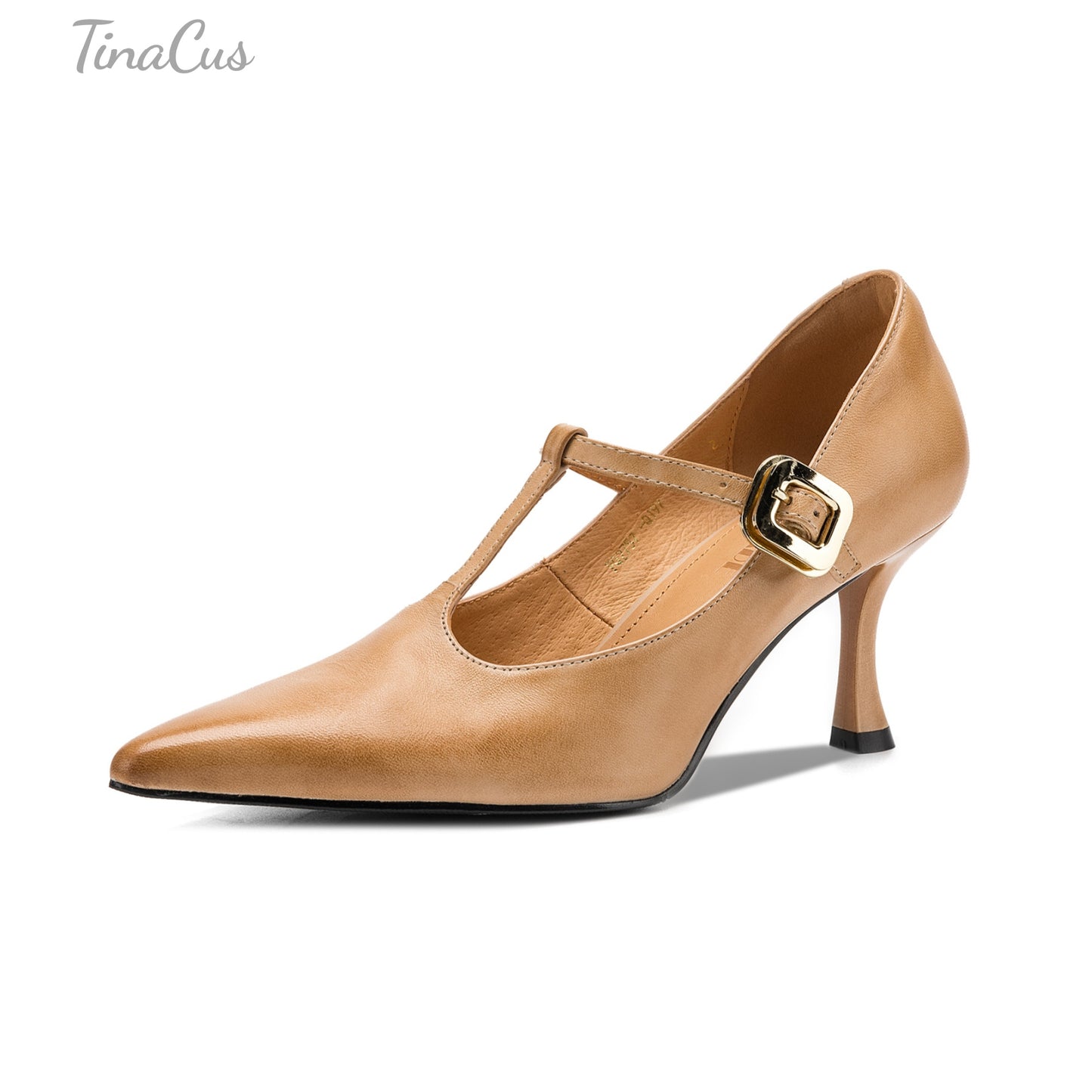 TinaCus Genuine Leather Handmade T-Strap Buckle Women's Pointed Toe Stiletto Heels Pumps Shoes