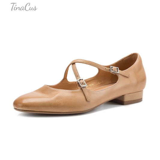 TinaCus Round Toe Genuine Leather Handmade Cross Strap Buckles Women's Casual Flat Loafers