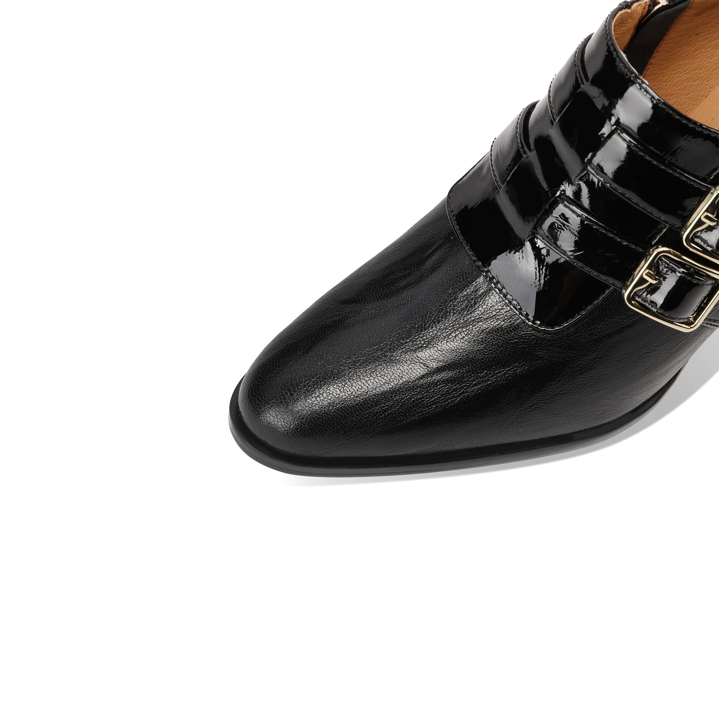 TinaCus Women's Round Toe Handmade Buckles Genuine Leather Mid Spool Heels Zip Up Pumps Shoes