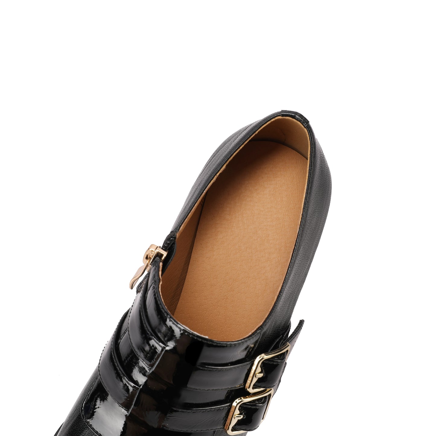 TinaCus Women's Round Toe Handmade Buckles Genuine Leather Mid Spool Heels Zip Up Pumps Shoes