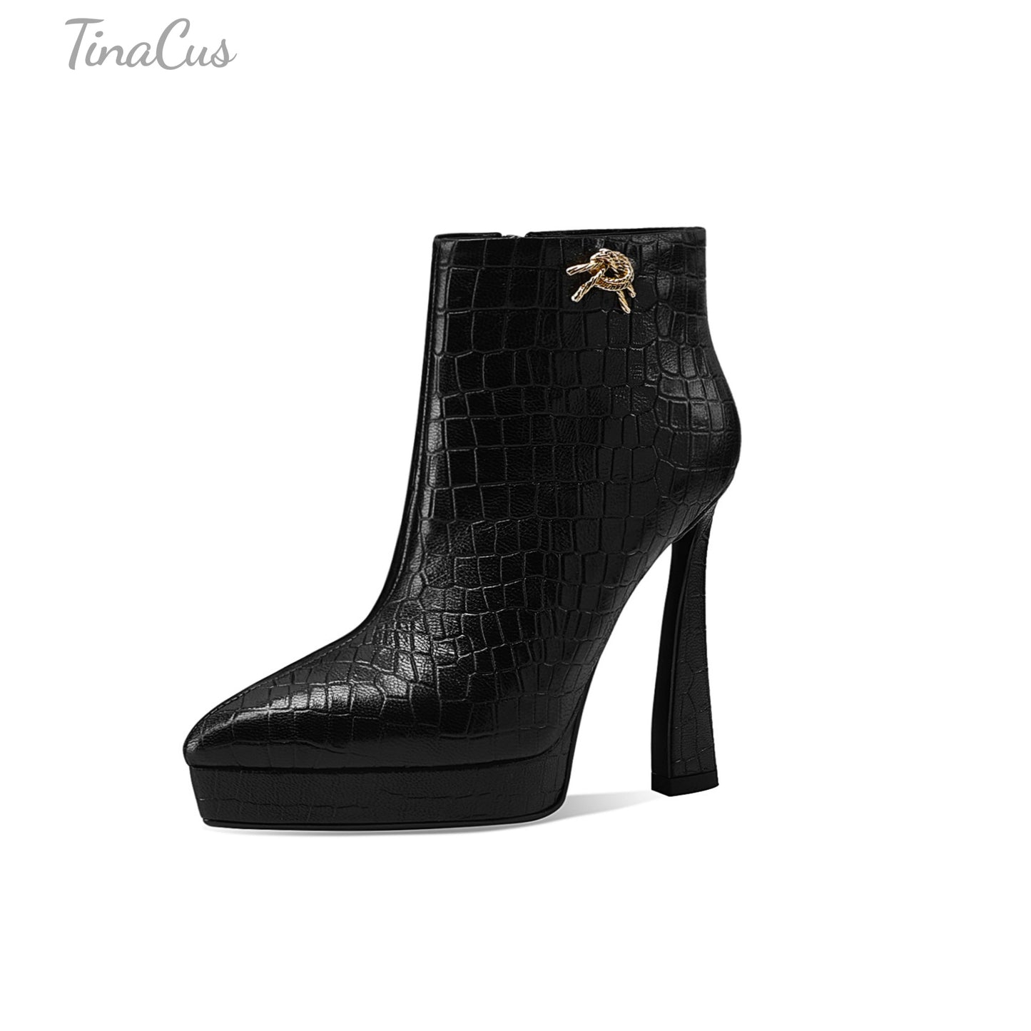 TinaCus Platform High Heels Ankle Boots Embossed Genuine Leather Women's Pointed Toe Handmade Booties with Zipper
