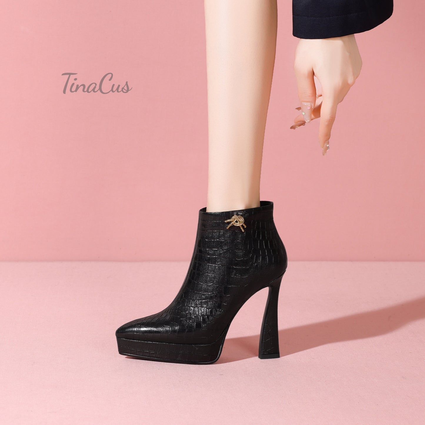 TinaCus Platform High Heels Ankle Boots Embossed Genuine Leather Women's Pointed Toe Handmade Booties with Zipper