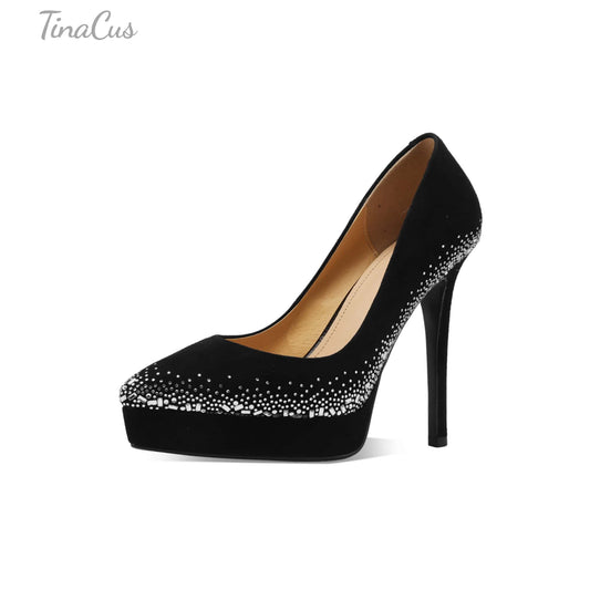 TinaCus Women's Platform Pumps Handmade Suede Leather Pointded Toe Rhinestones Stiletto Heels Wedding Party