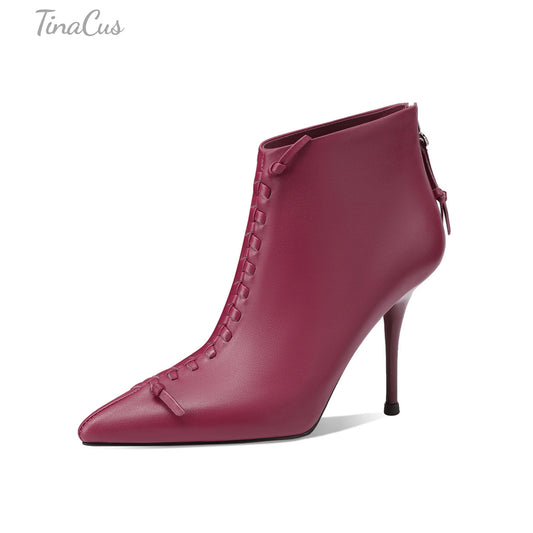 TinaCus Stiletto Heels Ankle Boots Women's Pointed Toe Genuine Leather Handmade Back Zipper Elegant Booties