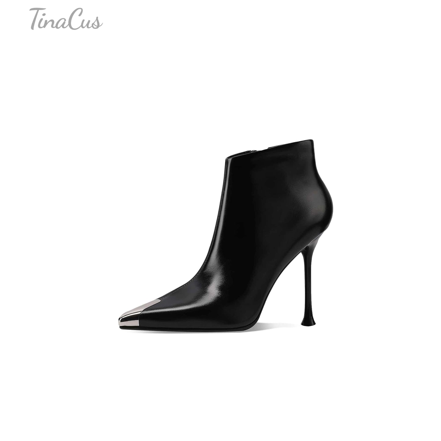 TinaCus Women's Genuine Leather Handmade Metal Toe Stiletto Heel Side Zip Up Ankle Boots