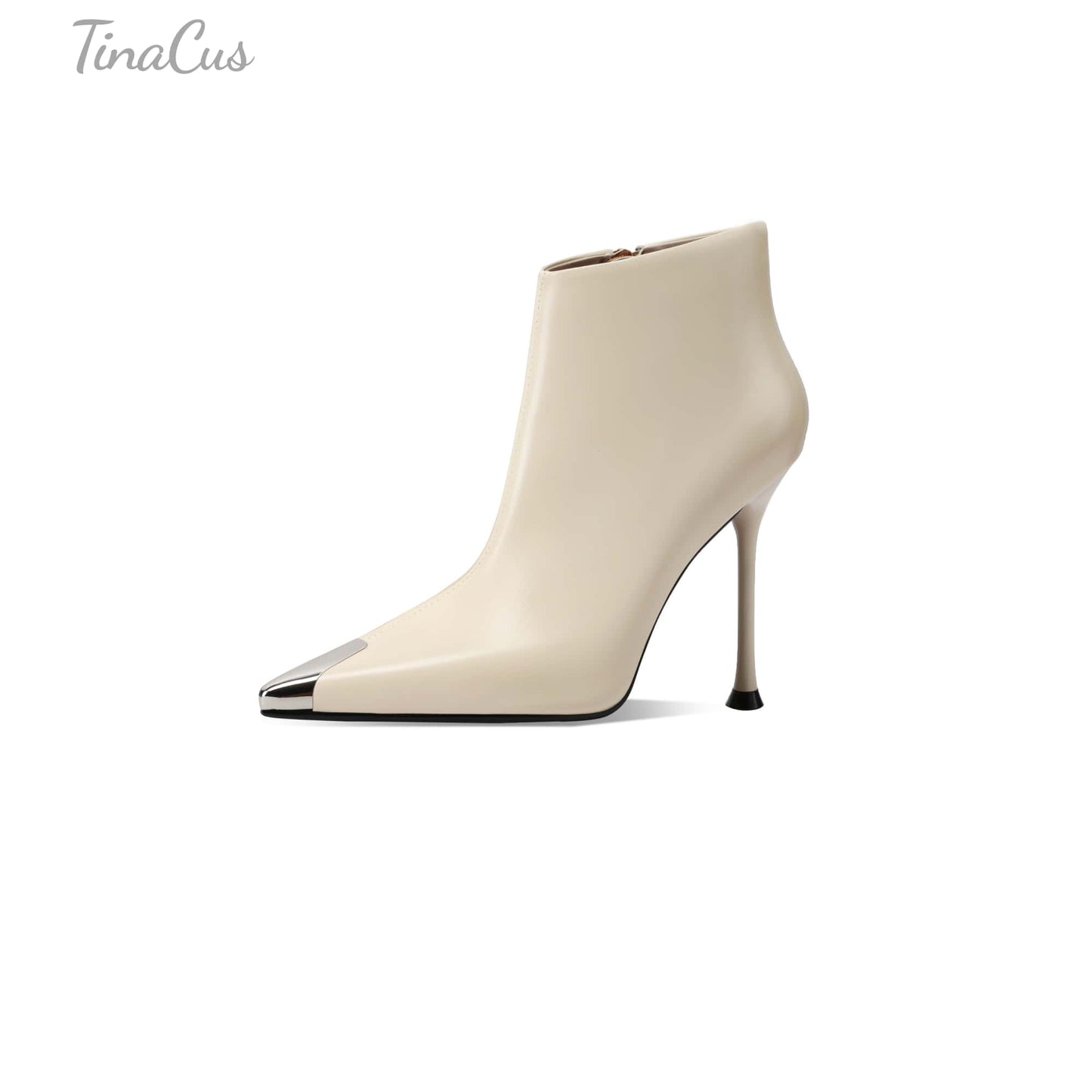 TinaCus Women's Genuine Leather Handmade Metal Toe Stiletto Heel Side Zip Up Ankle Boots