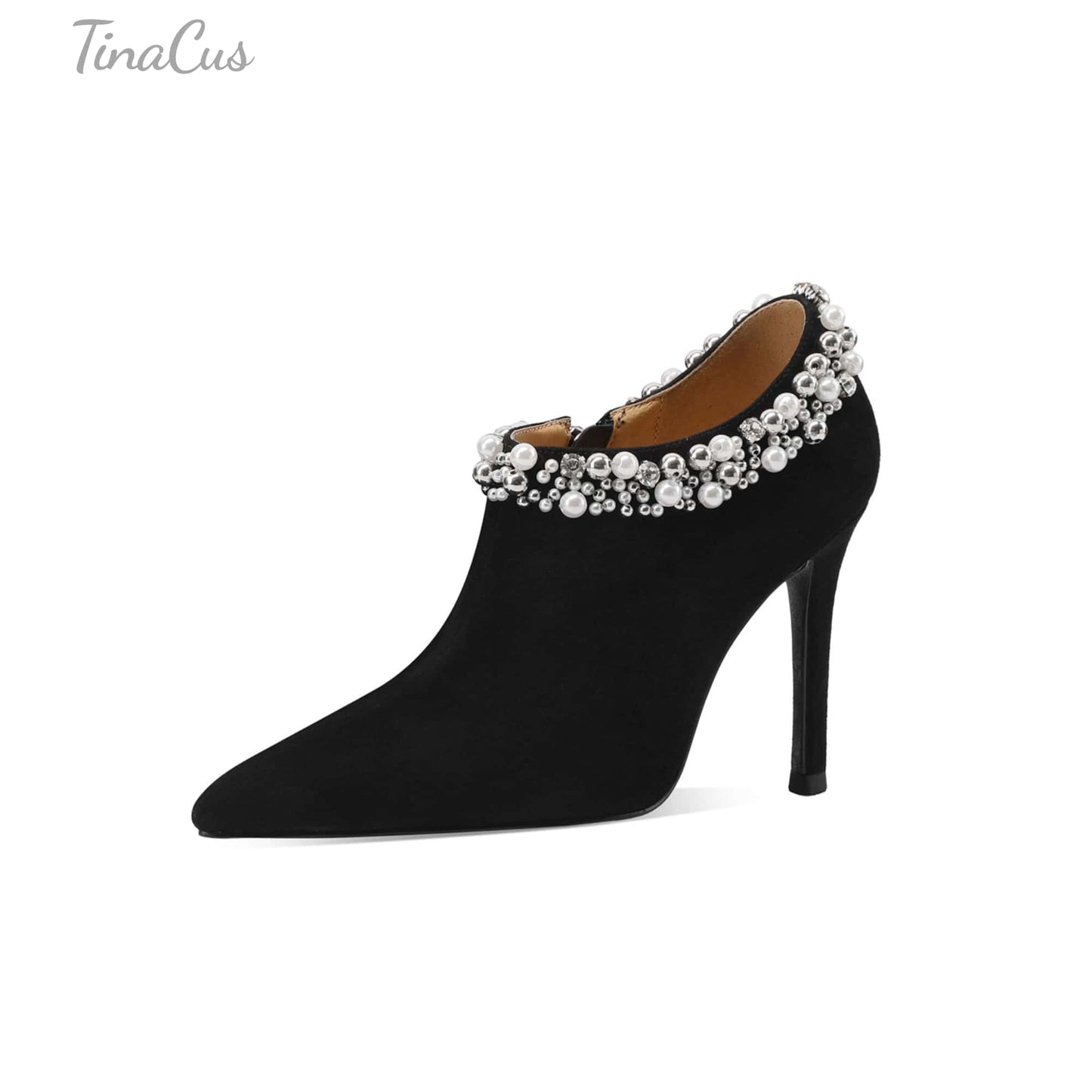 TinaCus Women's Suede Leather Pumps Handmade Pointded Toe Rhinestones Side Zip Stiletto Heels Wedding Party