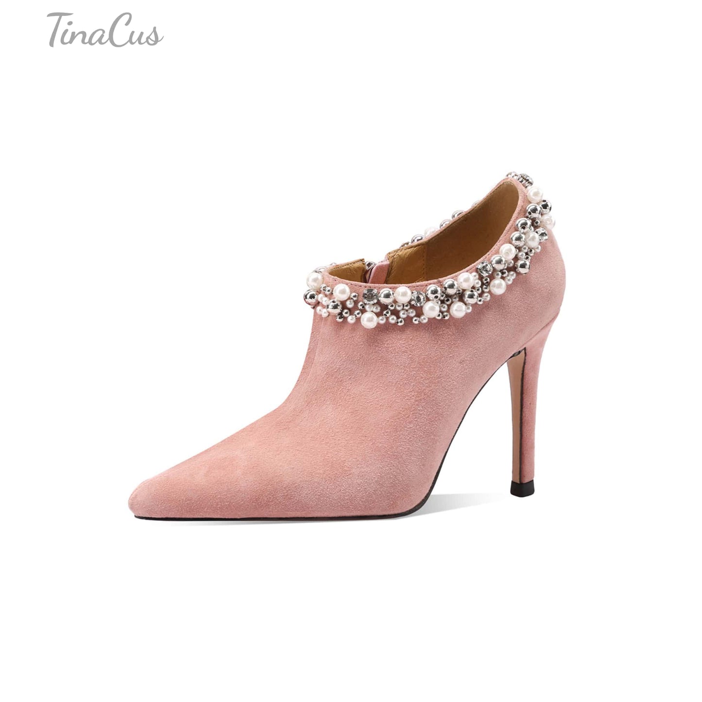 TinaCus Women's Suede Leather Pumps Handmade Pointded Toe Rhinestones Side Zip Stiletto Heels Wedding Party