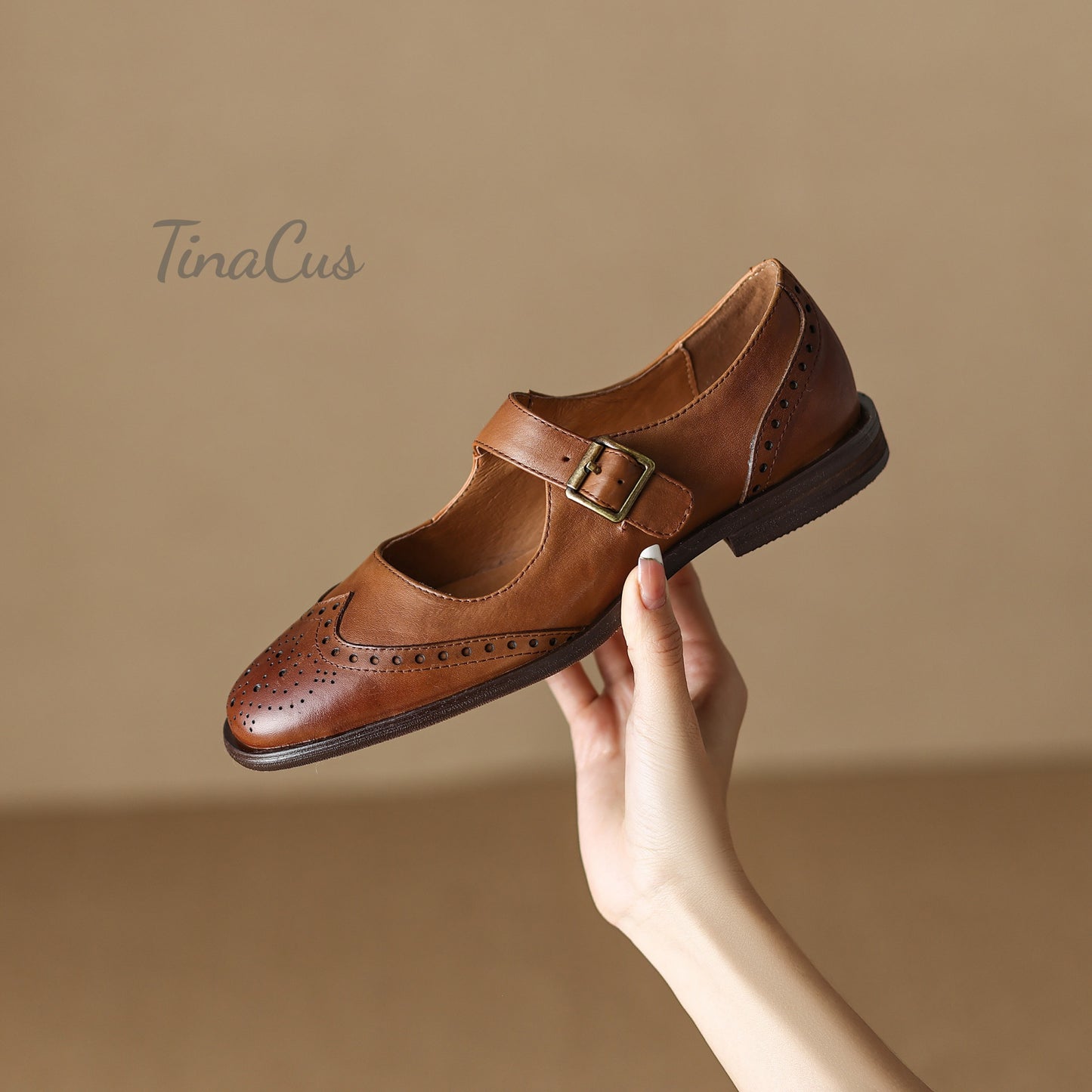 TinaCus Genuine Leather Handmade Round Toe Strap Buckle Women's Retro Flat Shoes