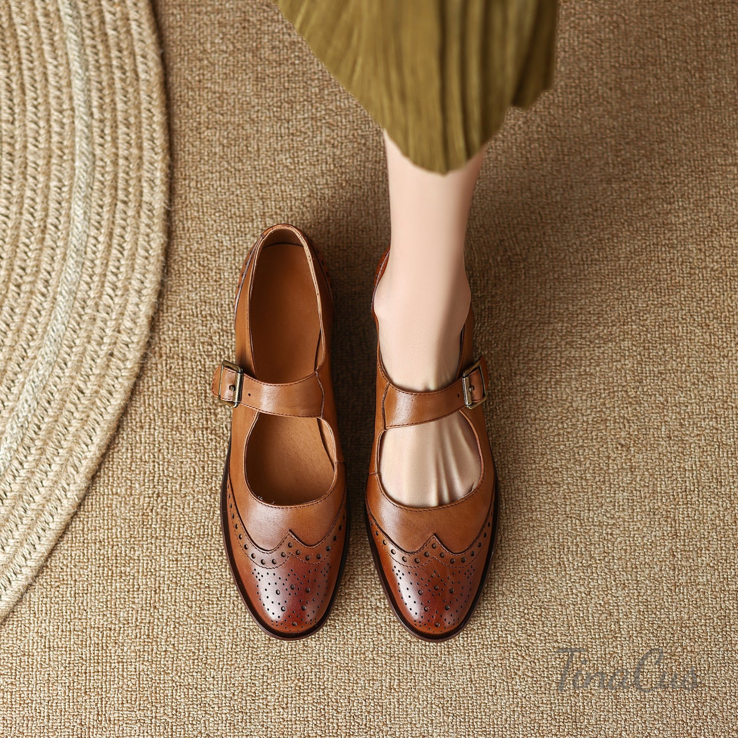 TinaCus Genuine Leather Handmade Round Toe Strap Buckle Women's Retro Flat Shoes