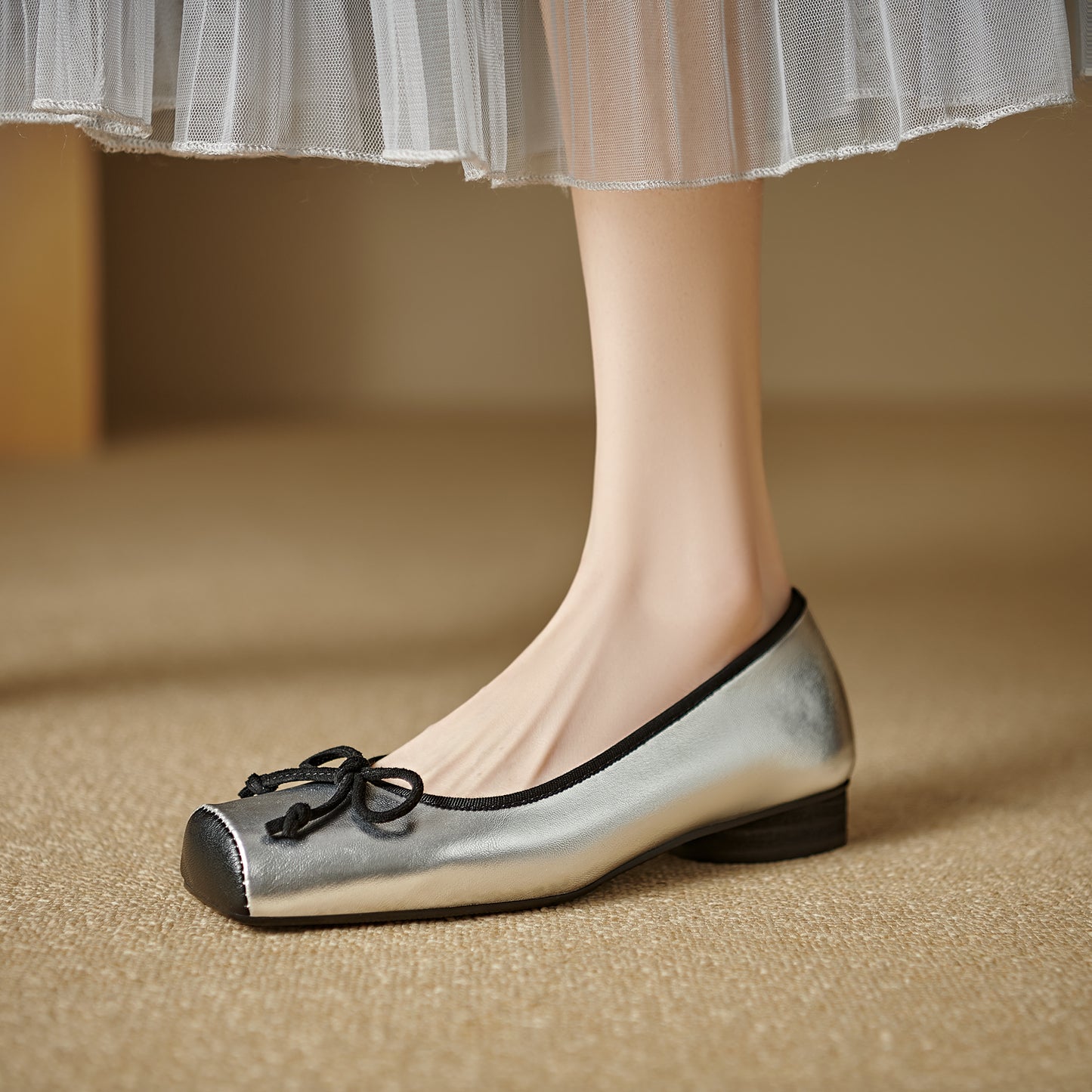 TinaCus Handmade Women's Genuine Leather Dressy Square Toe Ballet Flat with Bowknot