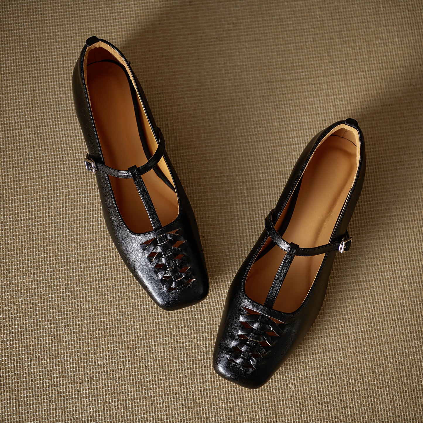 TinaCus Handmade Women's Genuine Leather Square Toe Hollow-out Woven T-strap Buckle Mary Jane Flats