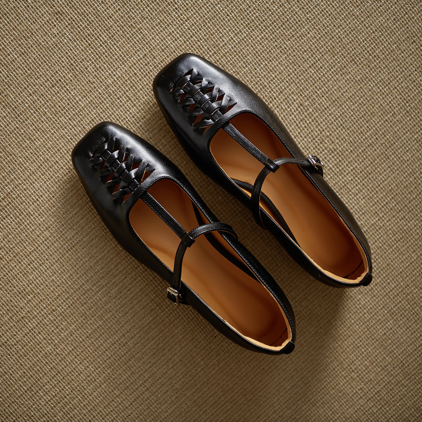 TinaCus Handmade Women's Genuine Leather Square Toe Hollow-out Woven T-strap Buckle Mary Jane Flats