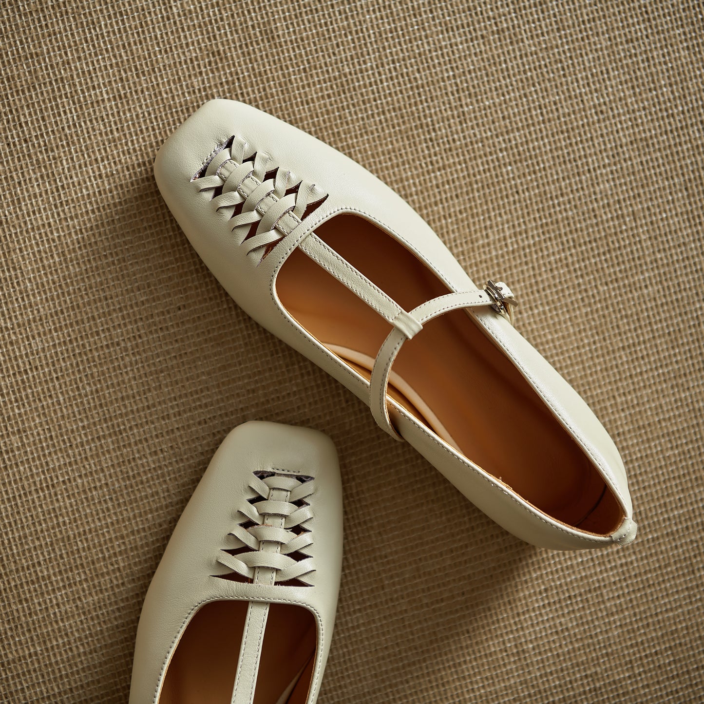 TinaCus Handmade Women's Genuine Leather Square Toe Hollow-out Woven T-strap Buckle Mary Jane Flats